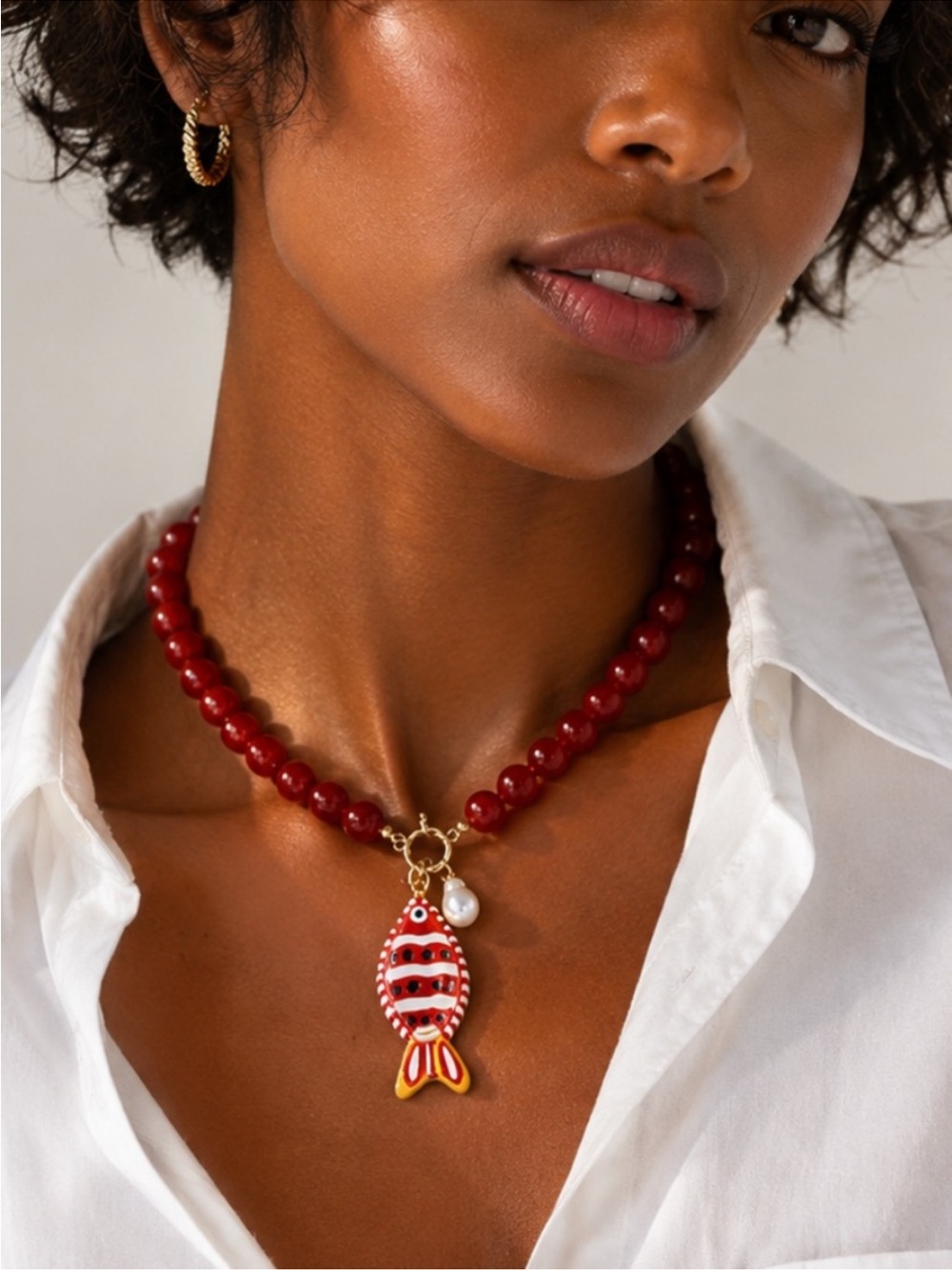 New! Coastal Colorful Red Beaded Fish Dopamine Necklace NWOT 3027